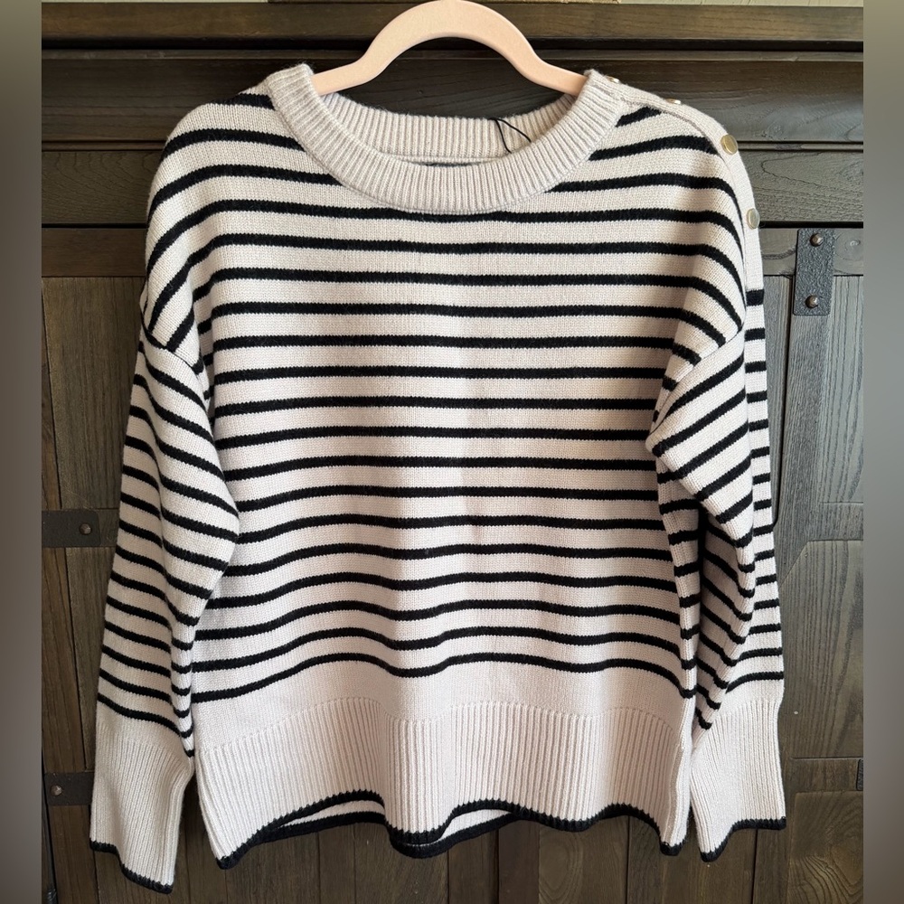 T Tahari Striped Knit Sweater XL NWT Cream Black Gold Button Accents